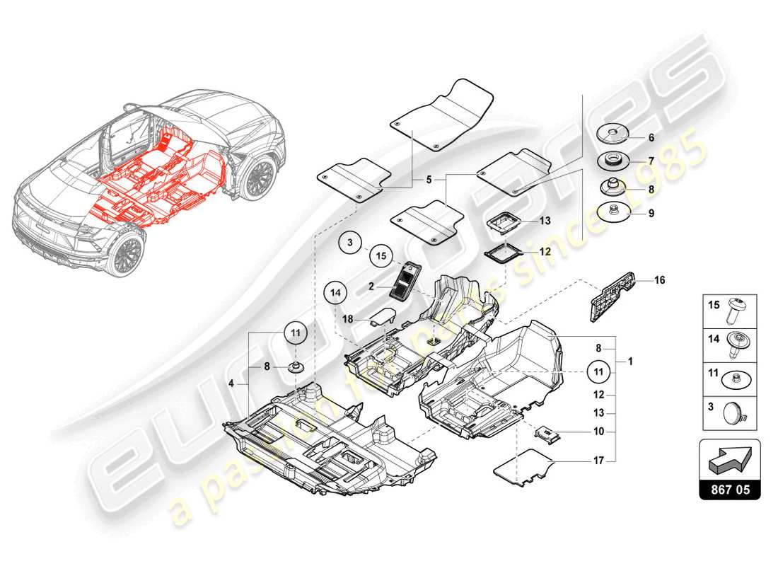 lamborghini urus s (2023) diagrama de piezas de la alfombrilla protectora