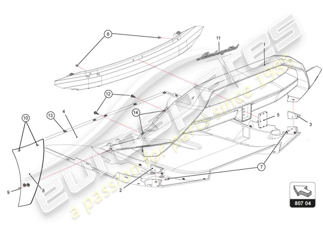 lamborghini super trofeo evo 2 (2022) diagrama de piezas del parachoques trasero