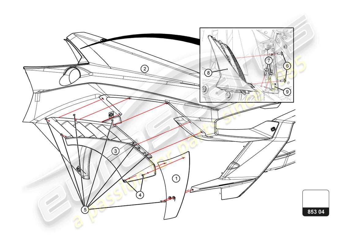 lamborghini super trofeo evo 2 (2022) diagrama de piezas del guardabarros trasero