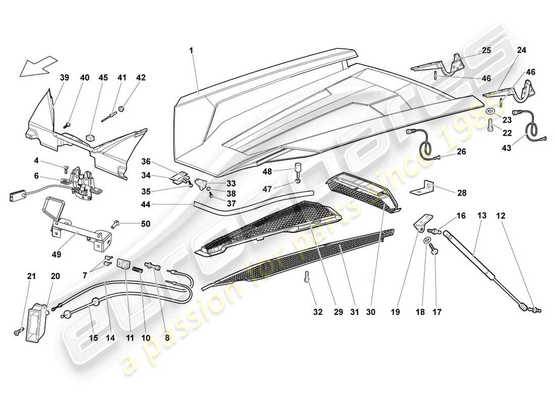 lamborghini lp640 roadster (2010) tapa para cubierta de motor diagrama de piezas
