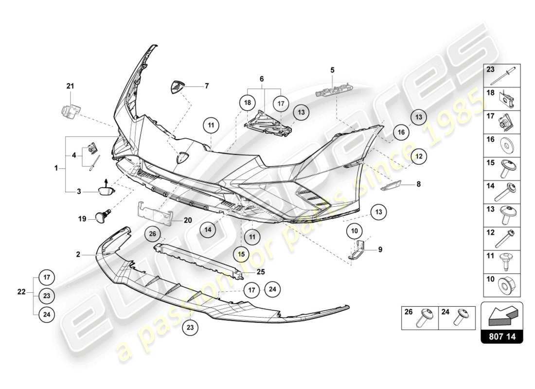 lamborghini evo coupe 2wd (2021) diagrama de pieza del parachoques delantero