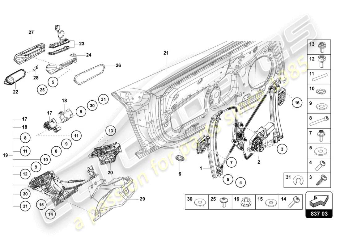 lamborghini sian roadster (2021) diagrama de piezas de la puerta del conductor y del pasajero