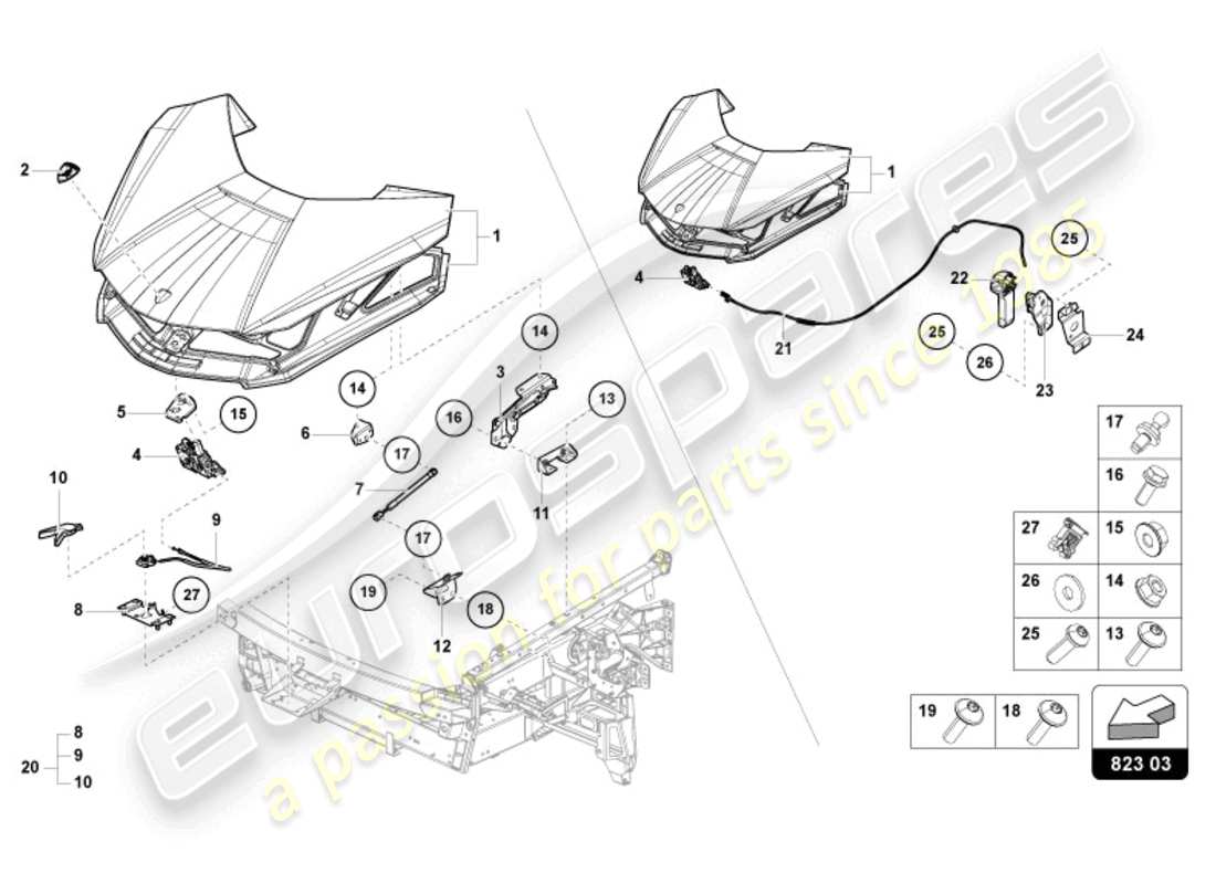lamborghini sian roadster (2021) capó delantero diagrama de piezas
