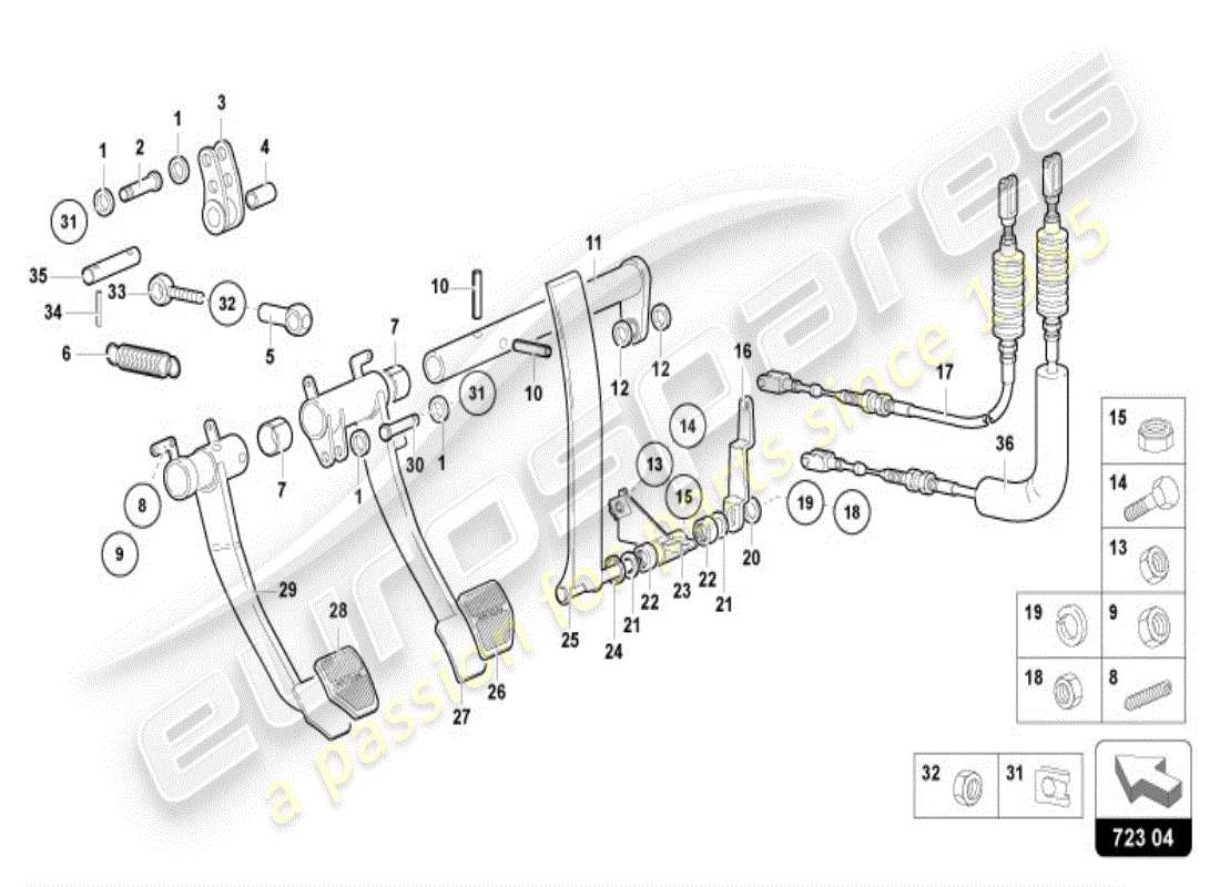 lamborghini diablo vt (1998) freno y aceleración. palanca mecanica. diagrama de piezas