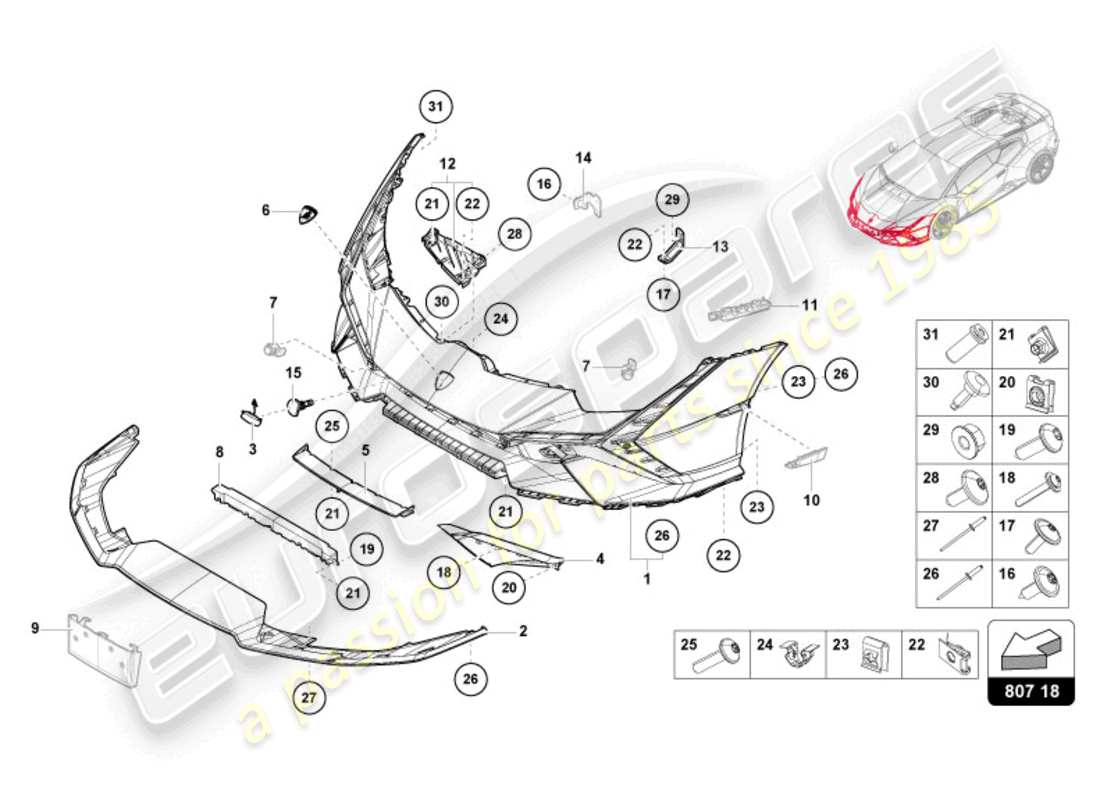 lamborghini 2023 (tecnica) diagrama de pieza del parachoques delantero