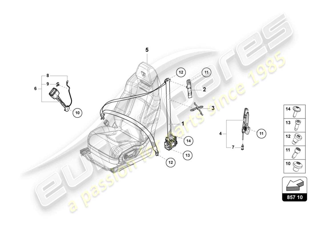 lamborghini urus s (2024) esquema de piezas del cinturón de seguridad de tres puntos delantero