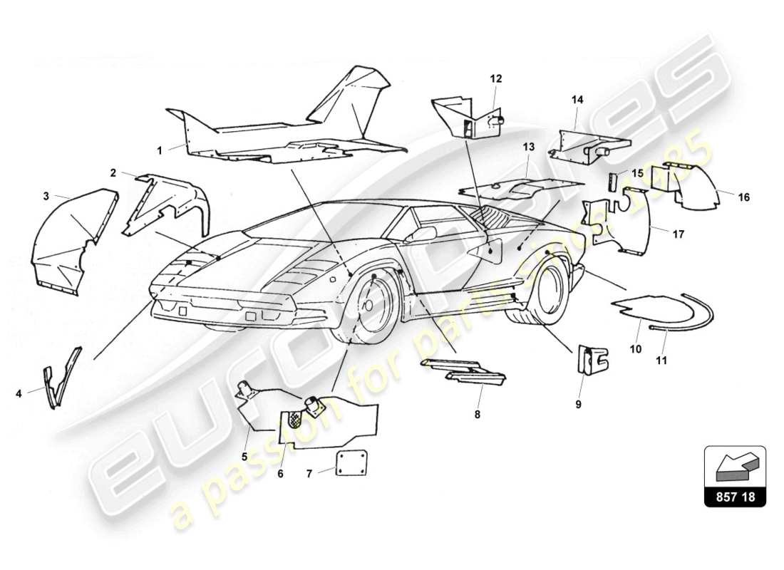 lamborghini countach 25th anniversary (1989) diagrama de piezas del acabado interior