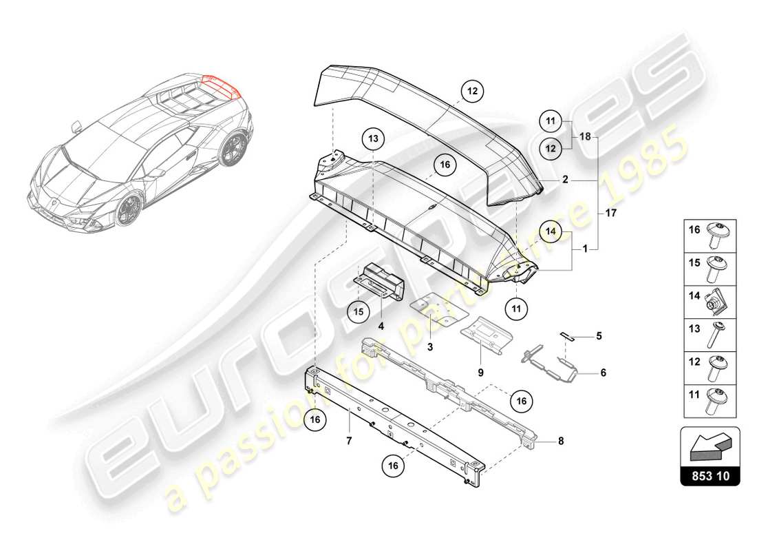 lamborghini sterrato (2024) parte superior del panel trasero diagrama de piezas