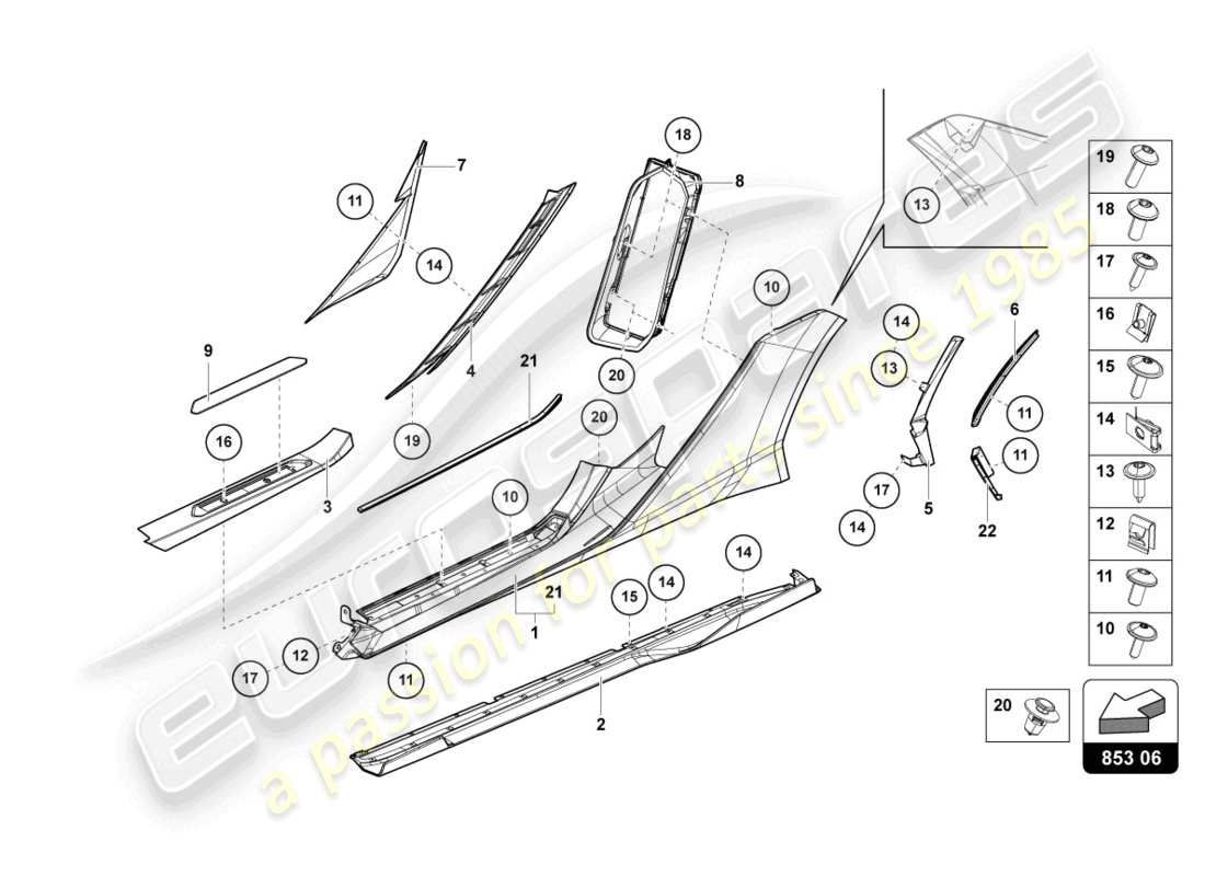 lamborghini sian roadster (2021) lateral externo inferior para alojamiento de rueda diagrama de piezas