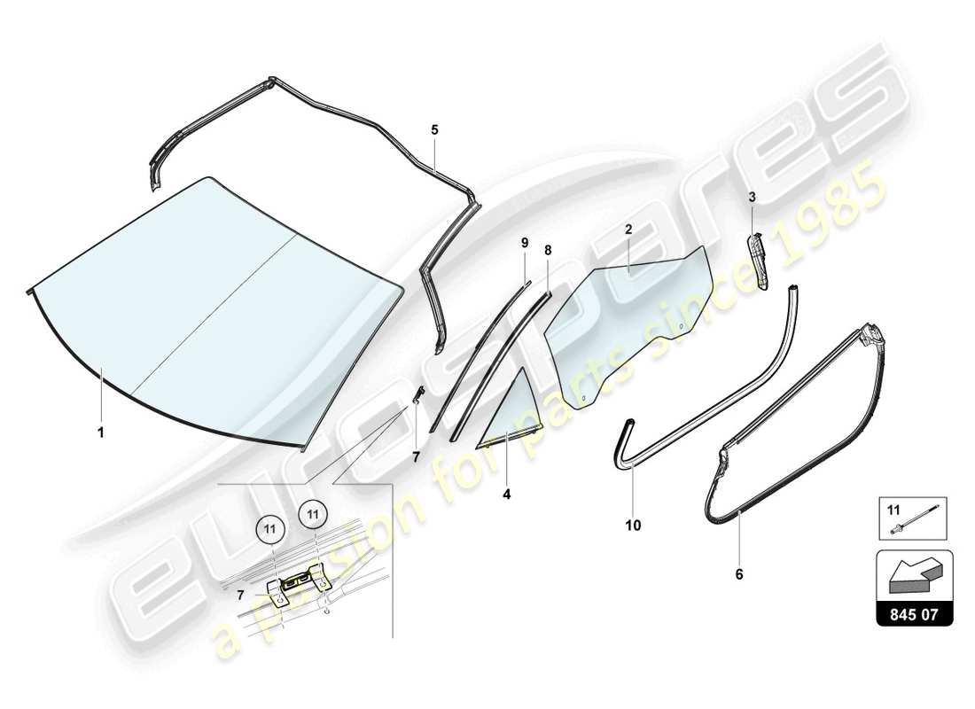 lamborghini sian roadster (2021) vidrios de ventanas diagrama de piezas