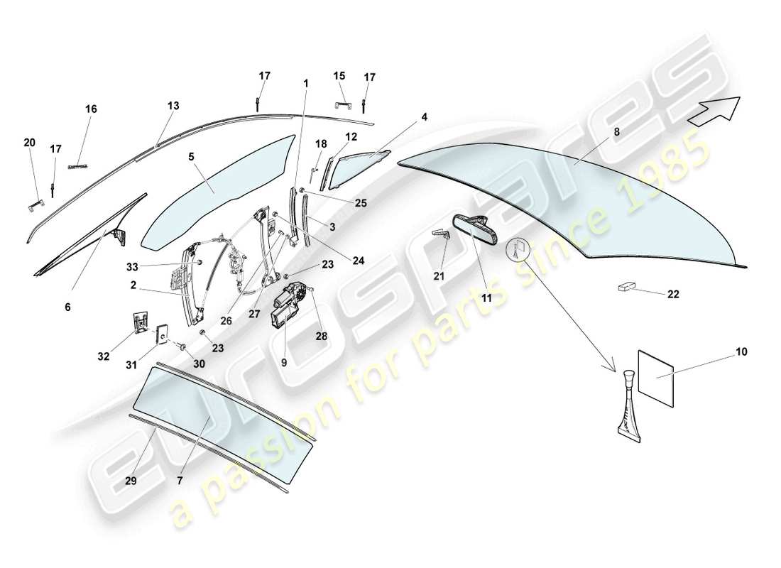 lamborghini lp570-4 sl (2010) diagrama de piezas de vidrios para ventanas