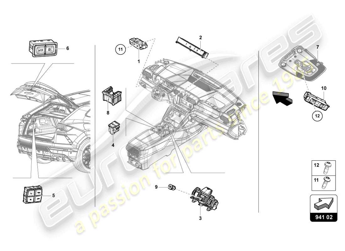 lamborghini urus performante (2024) panel de control con pulsadores esquema de piezas