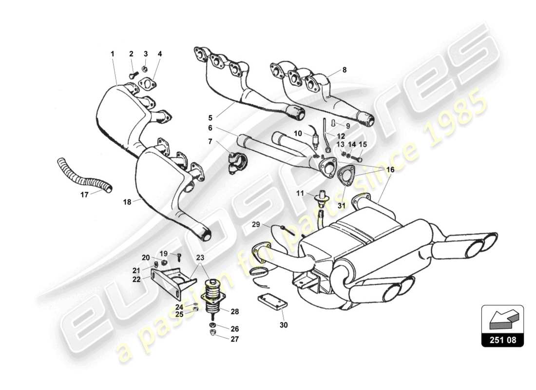 lamborghini countach 25th anniversary (1989) sistema de escape diagrama de piezas