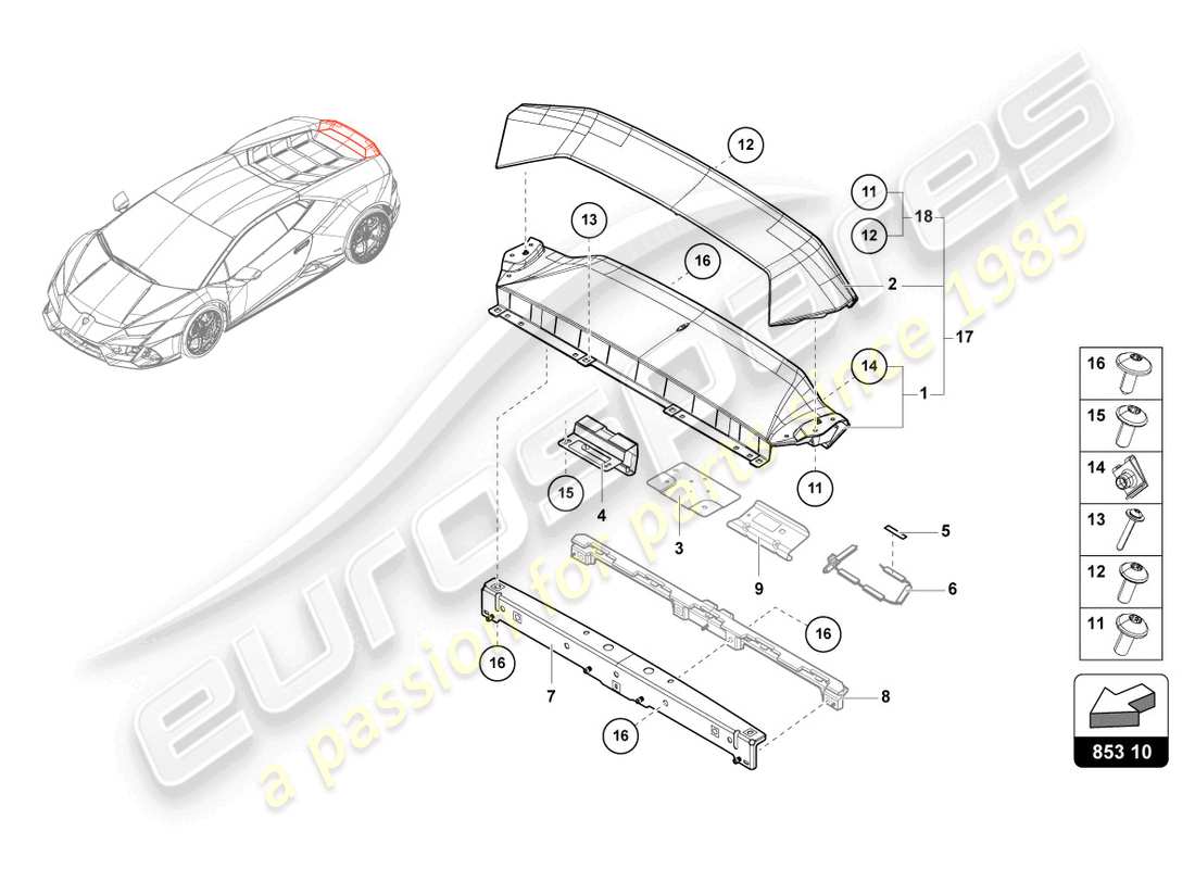 lamborghini evo coupe (2023) parte superior del panel trasero esquema de piezas