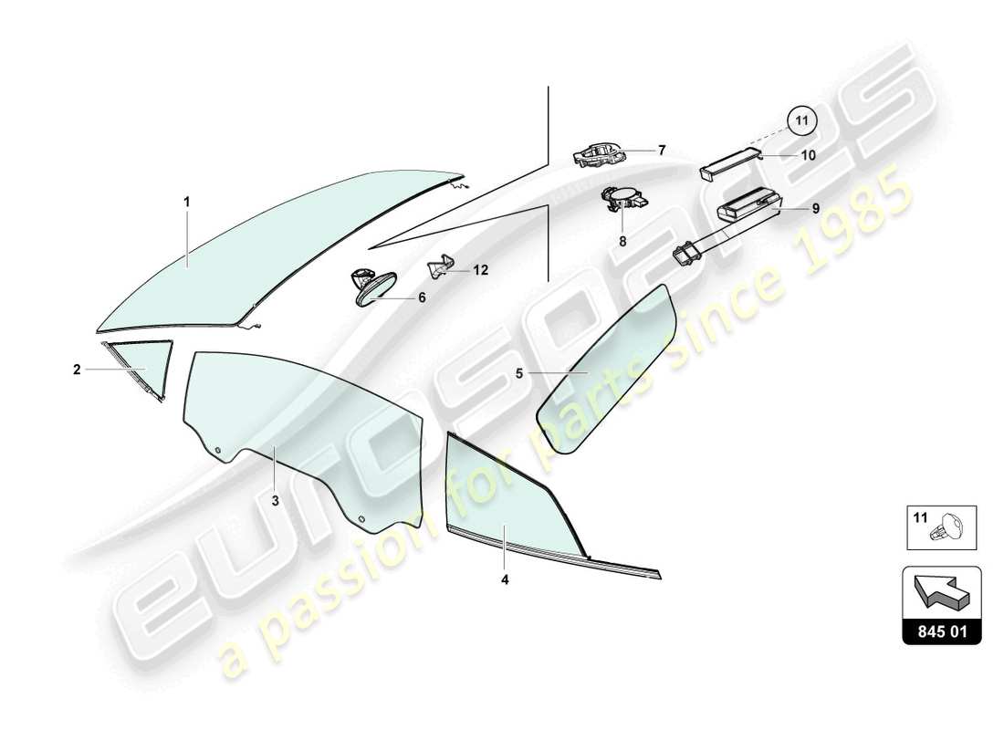 lamborghini evo coupe (2023) diagrama de piezas de vidrios para ventanas