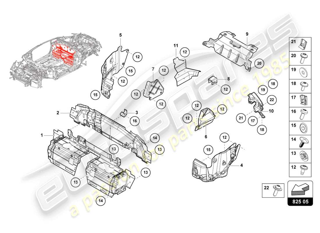 lamborghini evo spyder 2wd (2022) escudo térmico diagrama de piezas