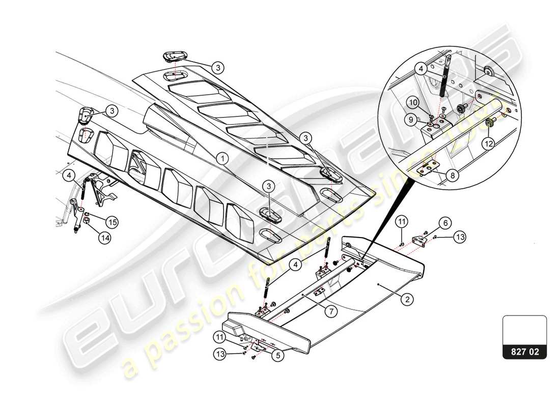 lamborghini 2022 (super trofeo evo 2) diagrama de piezas del capó trasero
