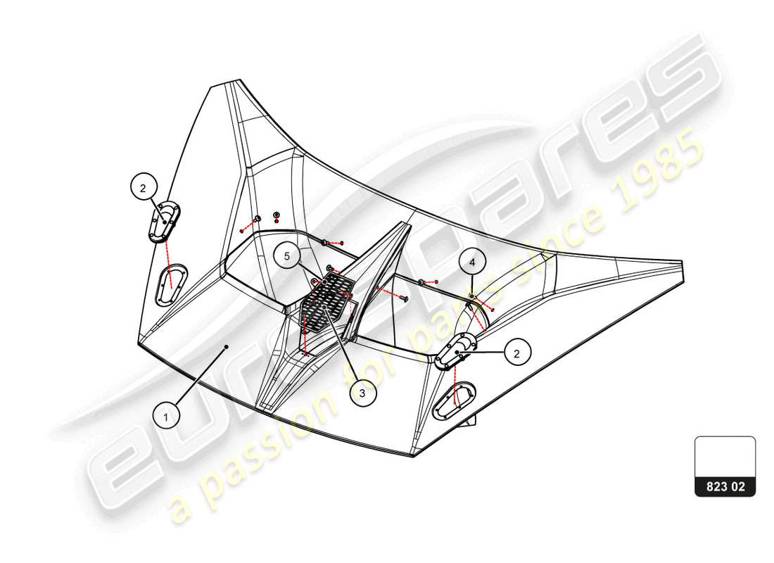 lamborghini super trofeo evo 2 (2022) diagrama de piezas del capó delantero