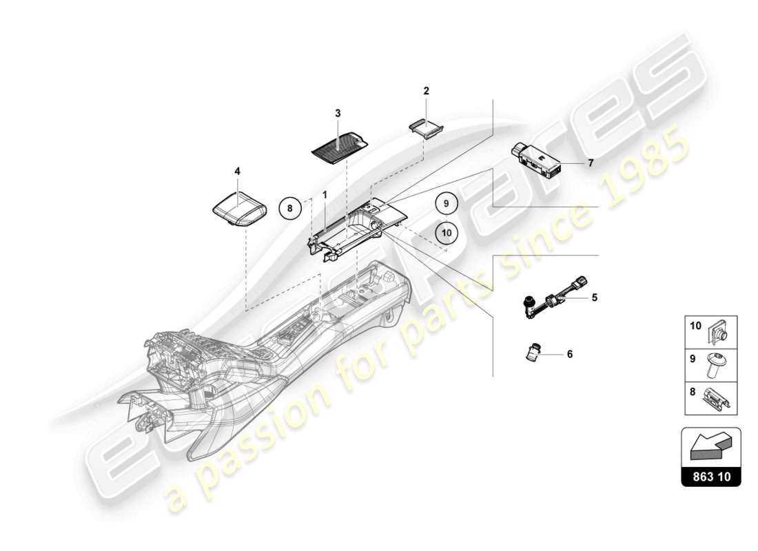 lamborghini evo coupe (2023) diagrama de piezas del compartimento de almacenaje