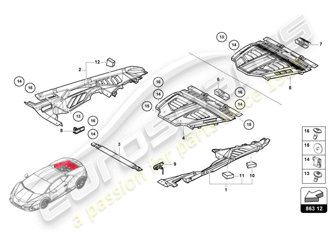 lamborghini evo coupe (2023) diagrama de piezas de la cubierta del motor