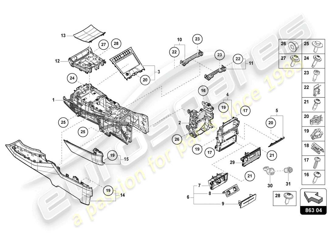lamborghini urus performante (2024) diagrama de piezas de la consola central inferior
