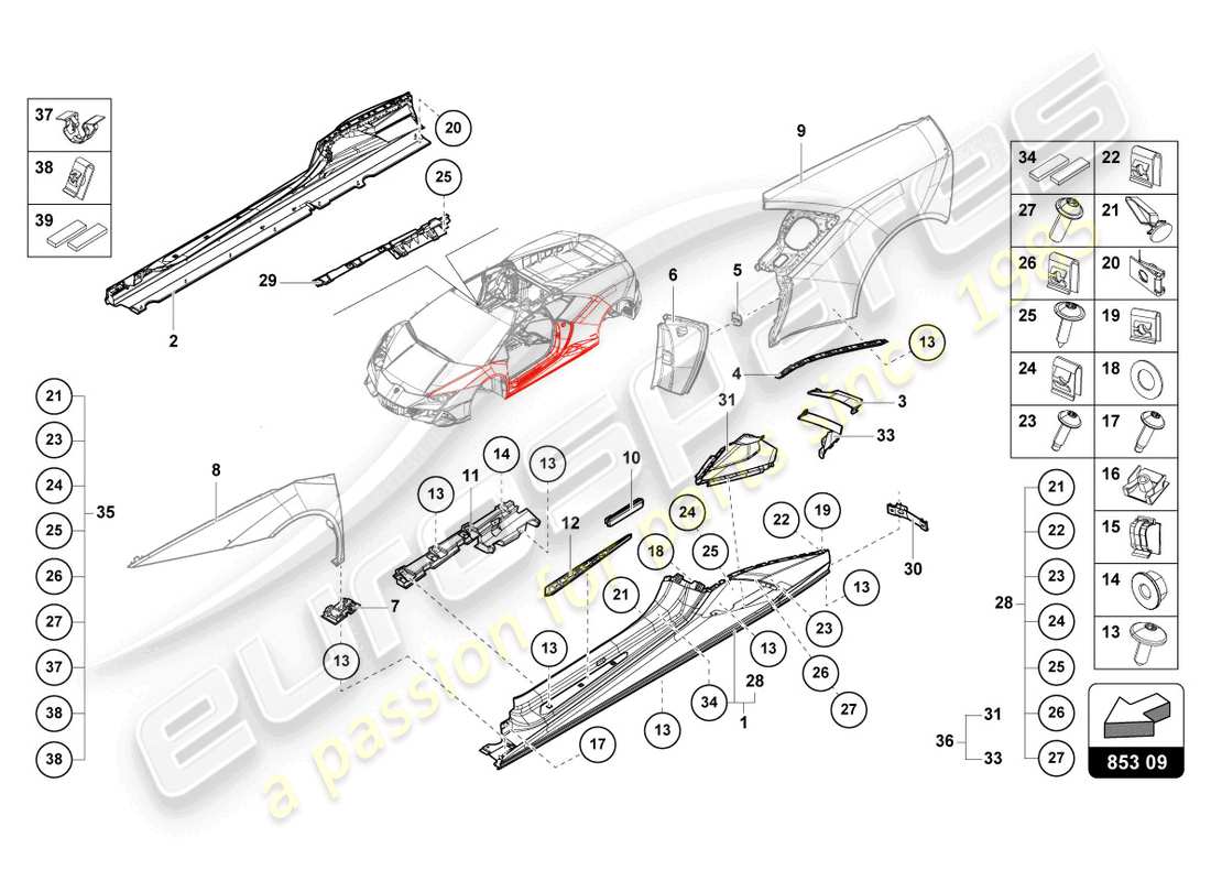lamborghini 2022 (evo coupe 2wd) lateral externo inferior para alojamiento de rueda diagrama de piezas