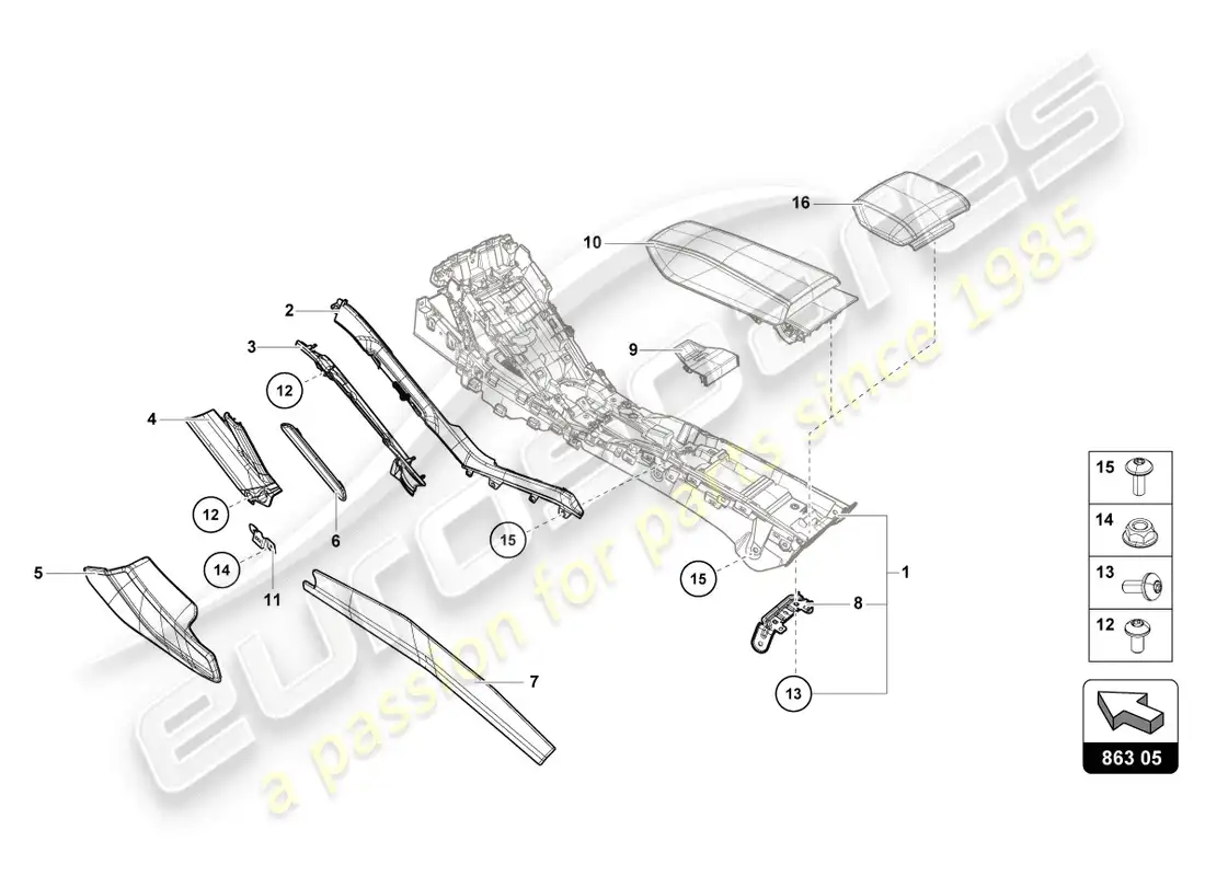 lamborghini evo coupe (2020) adorno del túnel diagrama de piezas