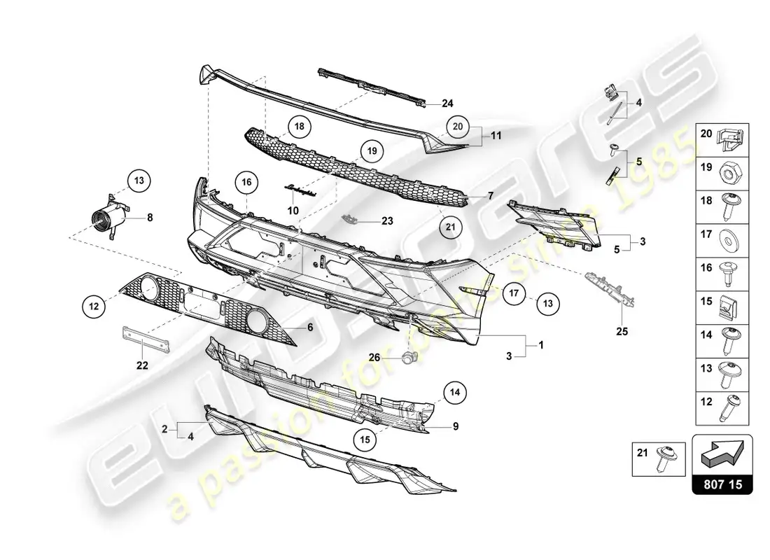 lamborghini evo spyder 2wd (2020) parachoque diagrama de piezas