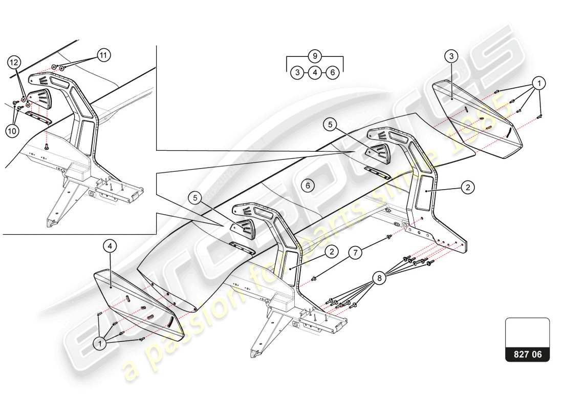 lamborghini super trofeo evo 2 (2022) diagrama de piezas del alerón trasero