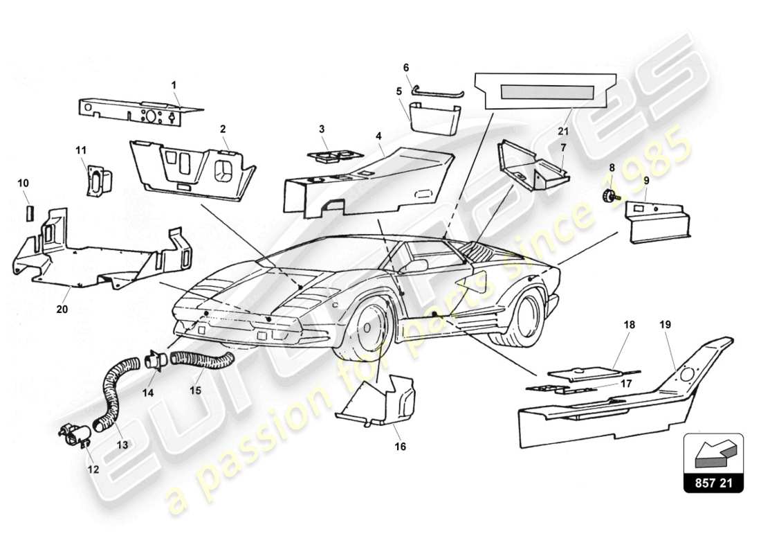 lamborghini countach 25th anniversary (1989) diagrama de piezas del acabado interior