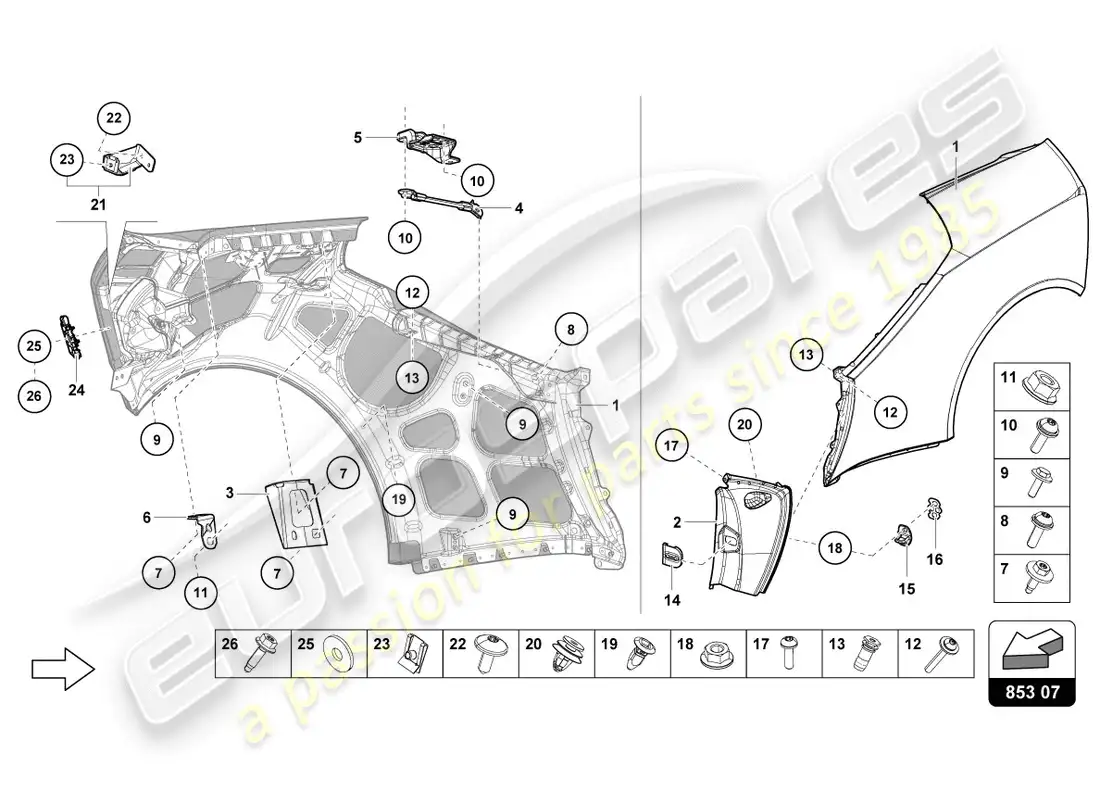 lamborghini evo spyder (2020) protector de ala diagrama de piezas
