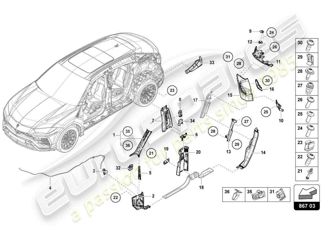 lamborghini urus s (2024) diagrama de piezas del trim del pilar