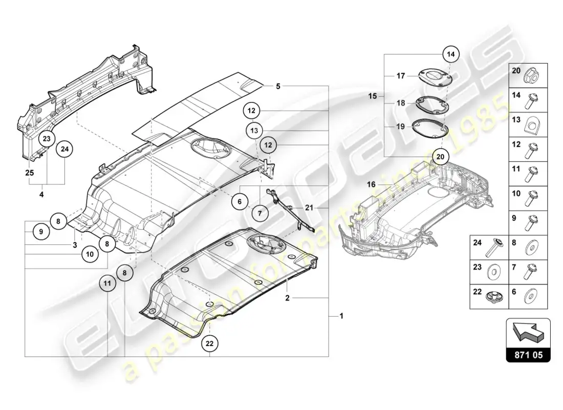 lamborghini evo spyder (2020) bandeja para capa capa diagrama de piezas