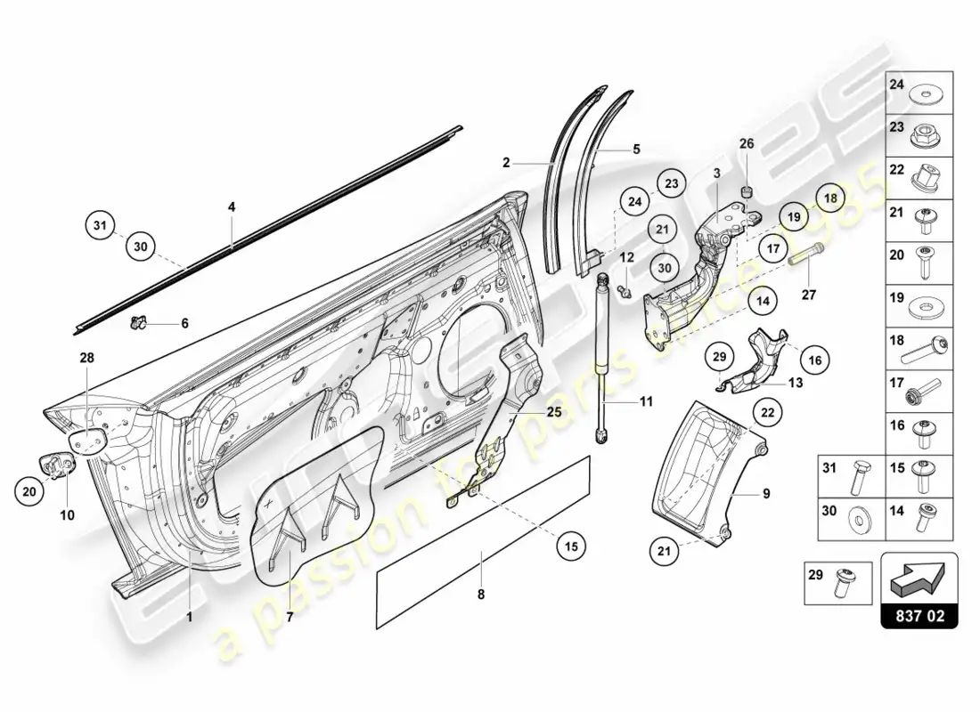 lamborghini centenario roadster (2017) puerta del conductor y del pasajero diagrama de piezas