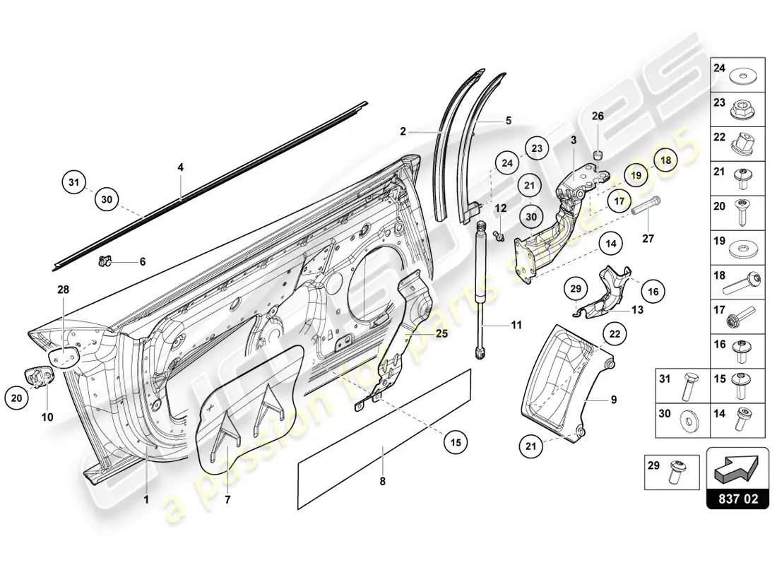 lamborghini lp720-4 coupe 50 (2014) diagrama de piezas de la puerta del conductor y del pasajero