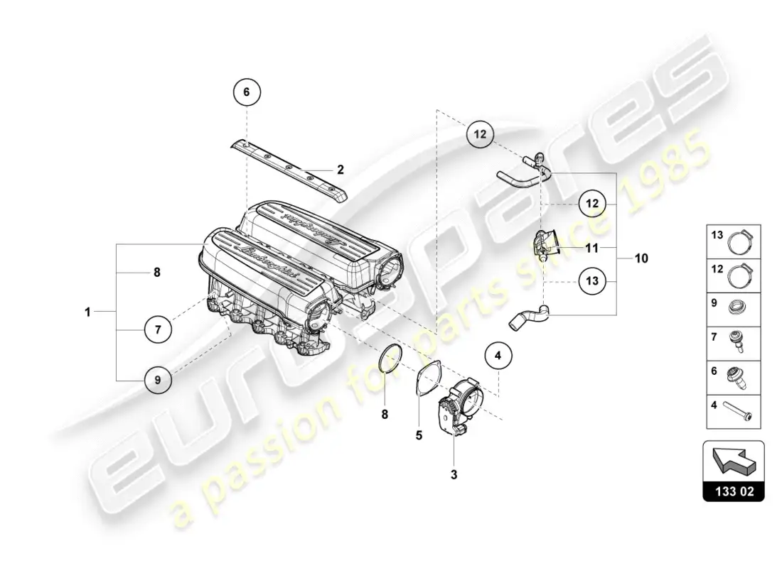 lamborghini lp600-4 zhong coupe (2015) colector de admisión diagrama de piezas