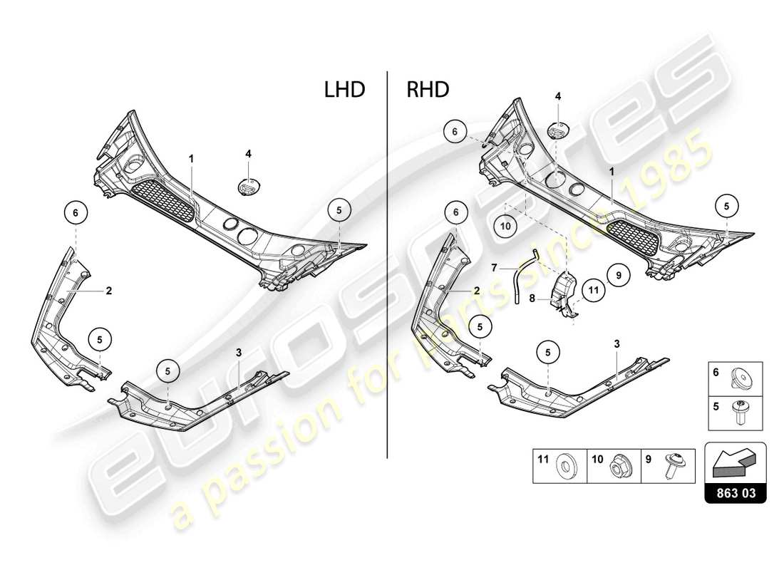 lamborghini evo spyder (2024) diagrama de piezas de la cubierta delantera