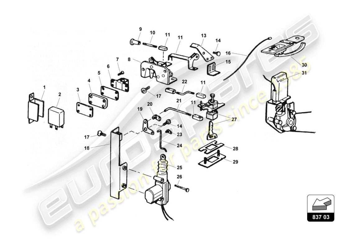 lamborghini countach 25th anniversary (1989) diagrama de piezas de la cerradura de la puerta