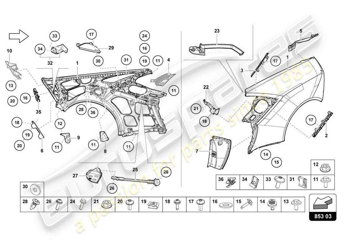 lamborghini evo coupe (2023) diagrama de piezas del ala