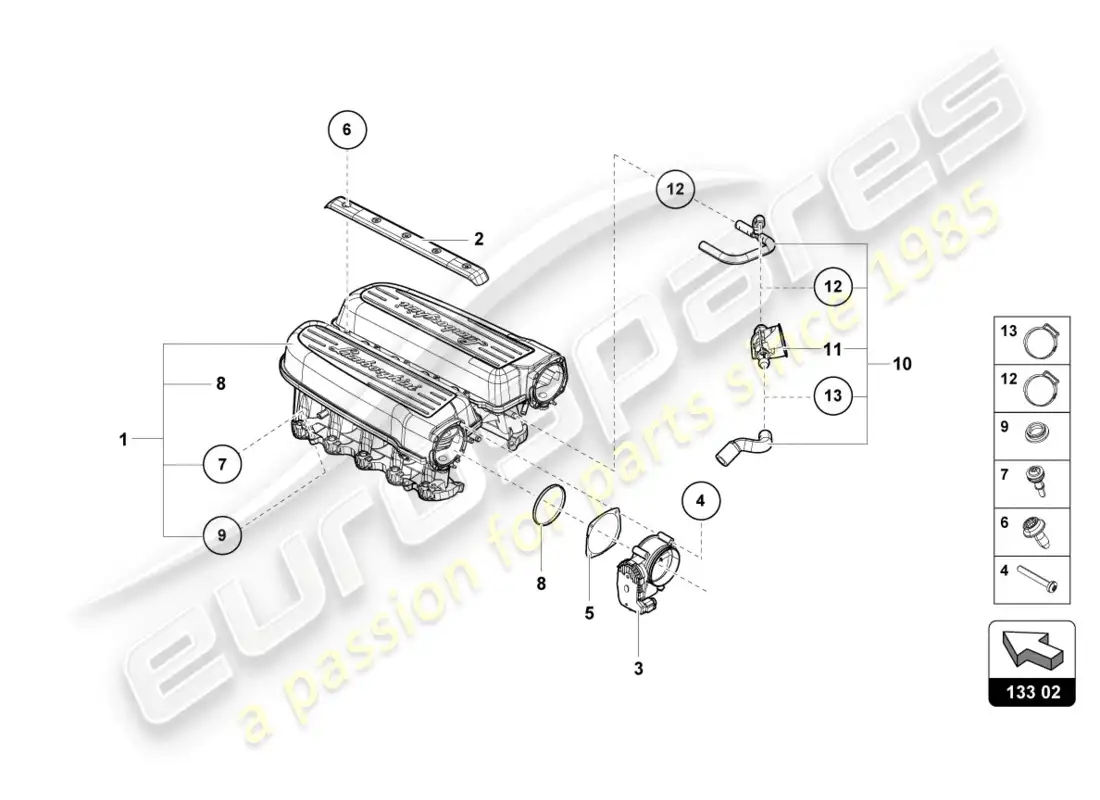 lamborghini evo coupe (2020) colector de admisión diagrama de piezas