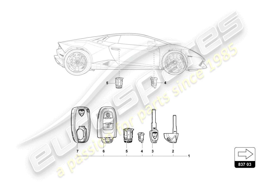 lamborghini evo coupe (2023) cerradura con llaves esquema de piezas