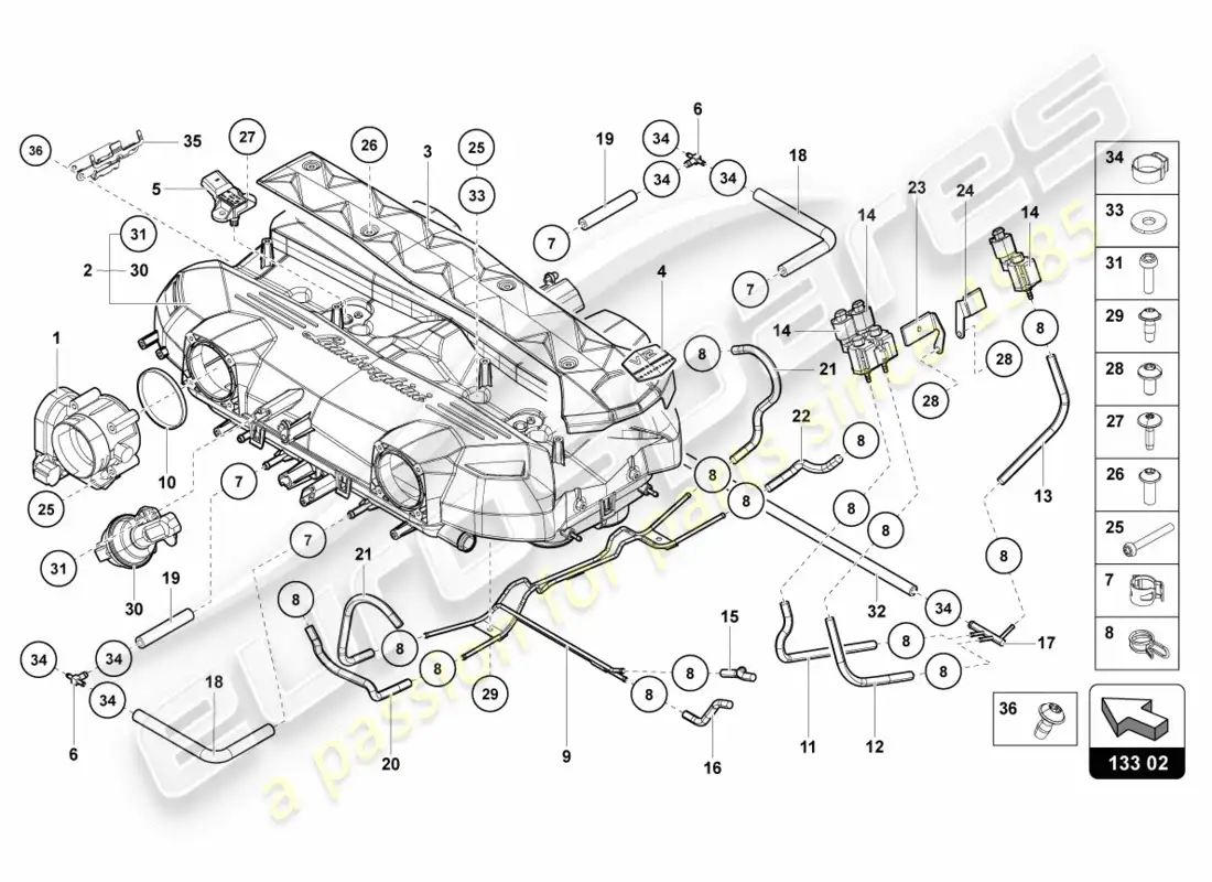 lamborghini centenario coupe (2017) diagrama de piezas del colector de admisión