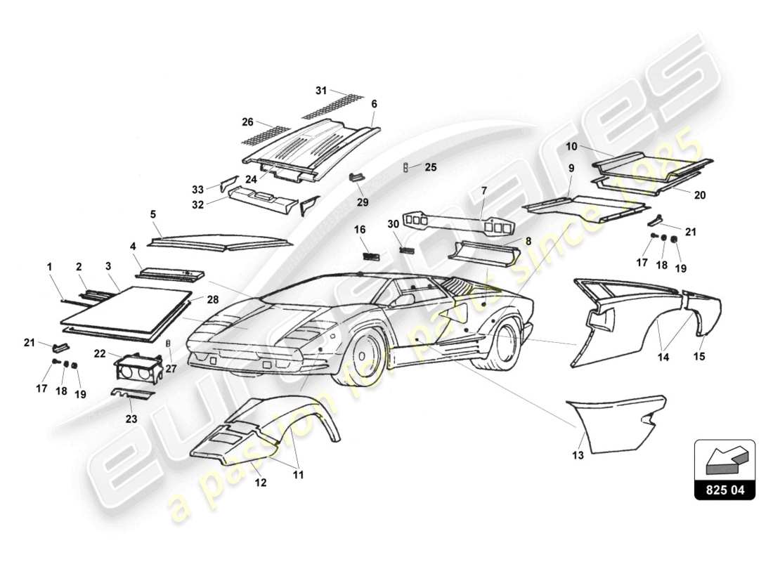 lamborghini countach 25th anniversary (1989) diagrama de piezas del revestimiento externo