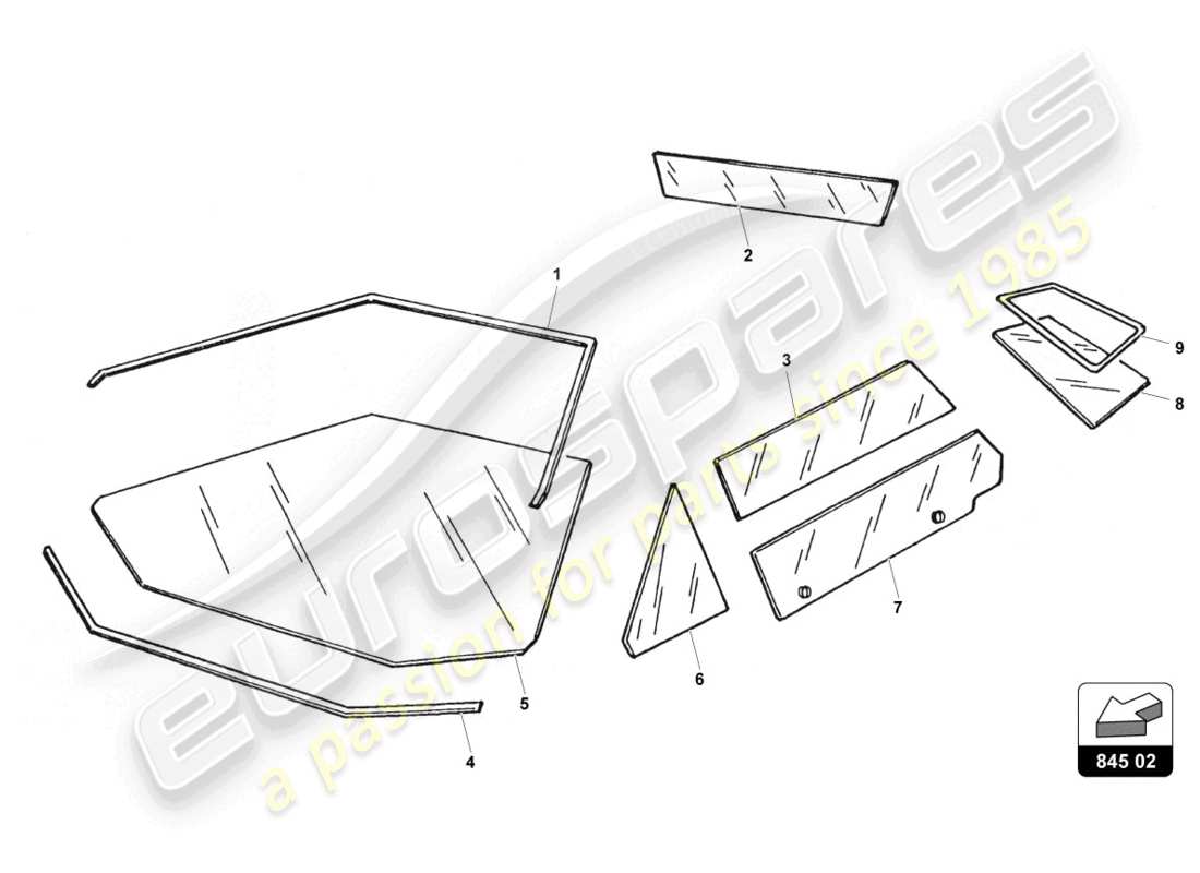 lamborghini countach 25th anniversary (1989) parabrisas y cristales de puertas diagrama de piezas