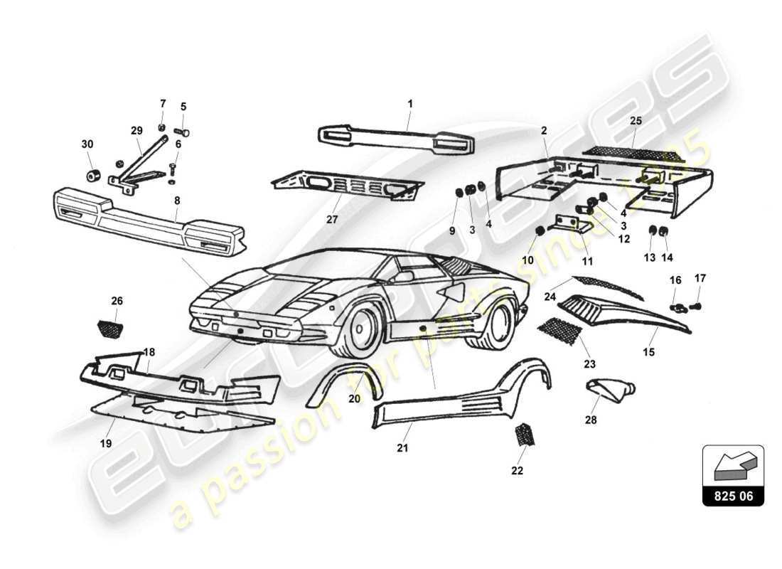 lamborghini countach 25th anniversary (1989) forro externo diagrama de piezas
