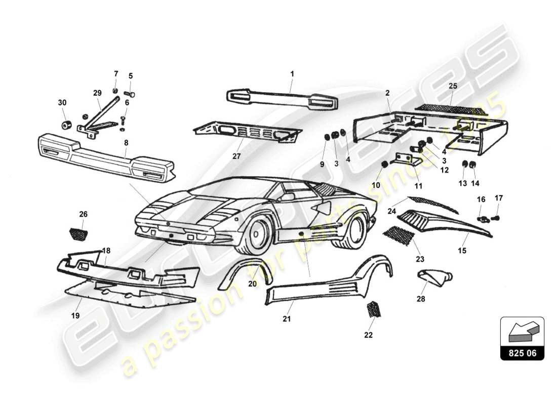 lamborghini countach 25th anniversary (1989) diagrama de piezas del revestimiento externo