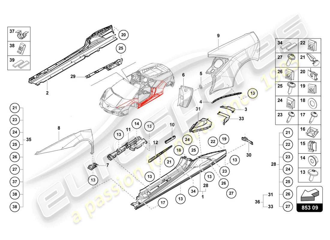 lamborghini evo coupe (2023) lateral externo inferior para alojamiento de rueda diagrama de piezas