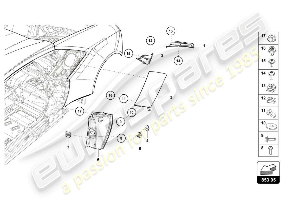 lamborghini evo coupe (2023) placa de cobertura para lateral diagrama de piezas