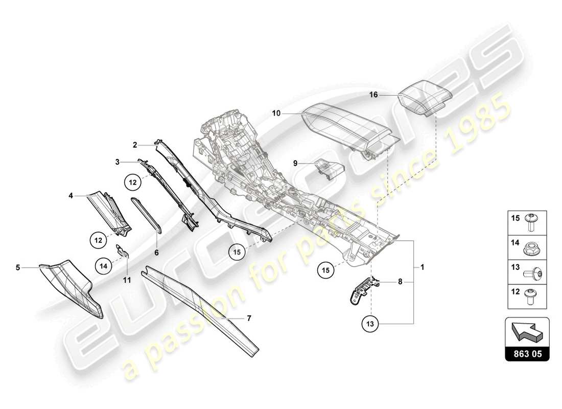 lamborghini evo coupe (2023) diagrama de piezas del trim del túnel