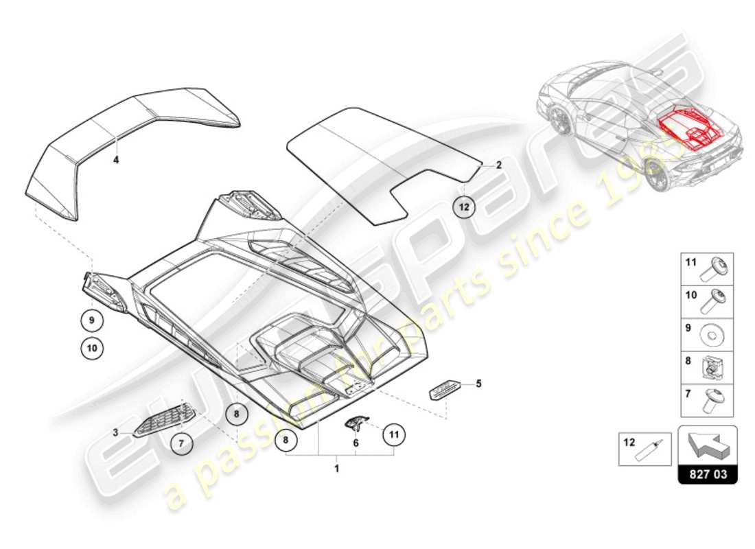 lamborghini 2023 (tecnica) cubierta del motor con insp. diagrama de piezas de la cubierta